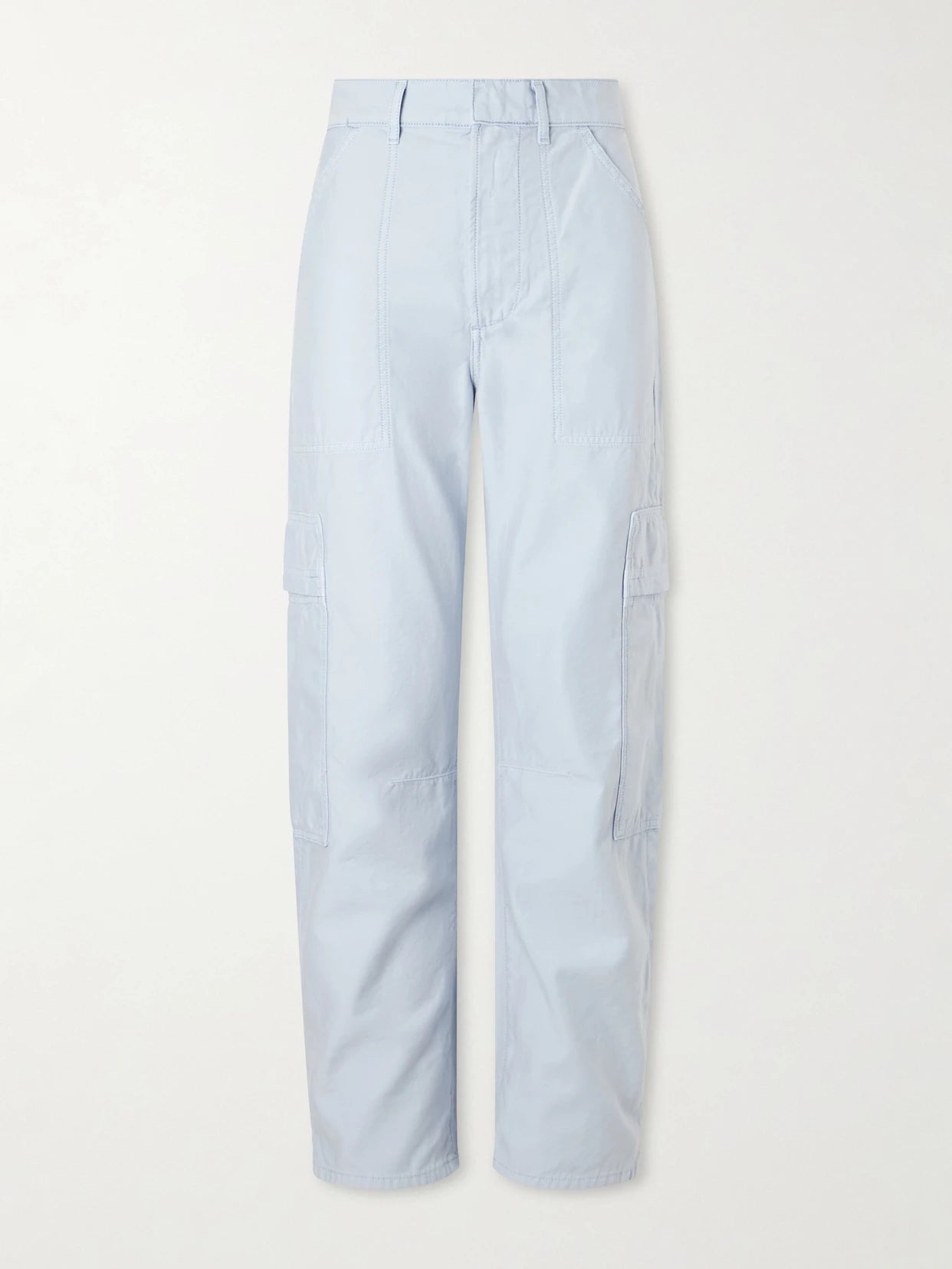 Image of a model wearing Pants. Product name - Marcelle Cotton Tapered Cargo Pants in Blue colour by brand - Citizens of Humanity