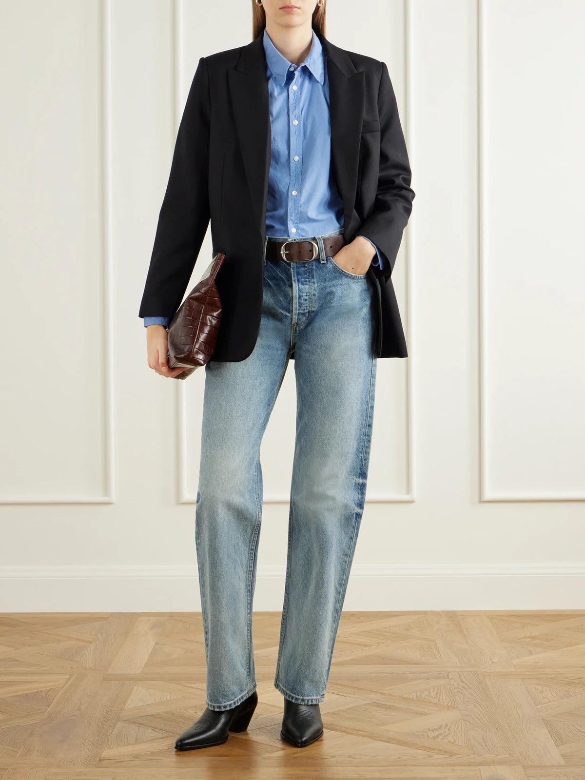 Image of a model wearing Tops. Product name - Raphael Cotton-poplin Shirt in Light blue colour by brand - Nili Lotan