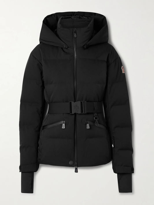 Image of Coats & Jackets. Product name - Tolima Hooded Belted Quilted Down Ski Jacket in Black colour by brand - Moncler Grenoble