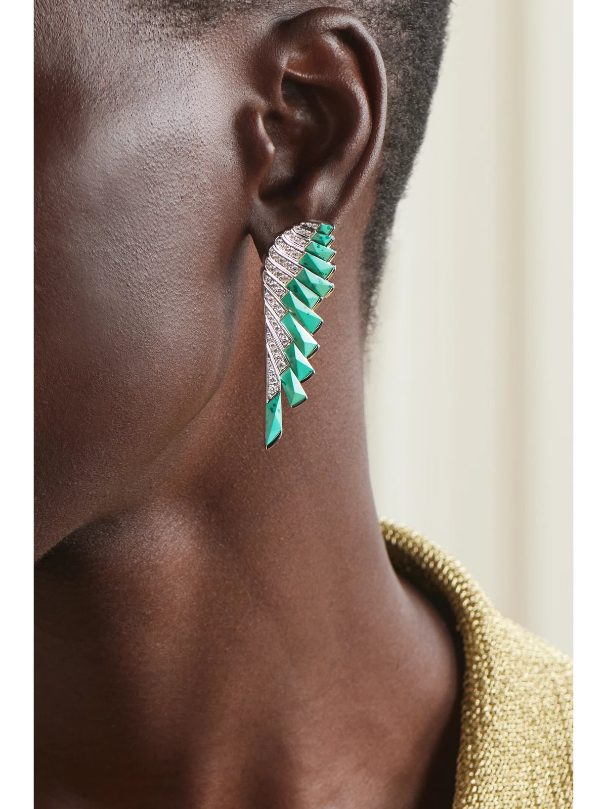 Image of Earrings. Product name - Wings 18-karat White Gold, Malachite And Diamond Earrings in Multi colour by brand - Garrard