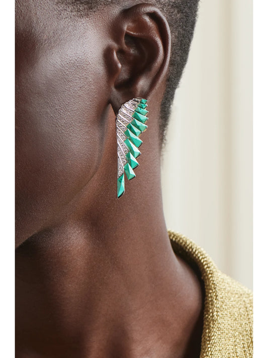 Image of Earrings. Product name - Wings 18-karat White Gold, Malachite And Diamond Earrings in Multi colour by brand - Garrard