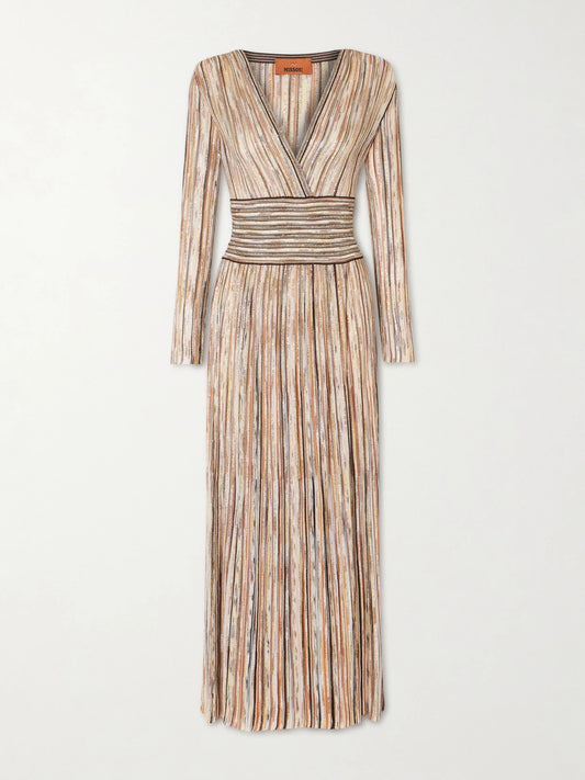 Image of Dresses. Product name - Sequin-embellished Striped Metallic Crochet-knit Midi Dress in Brown colour by brand - Missoni