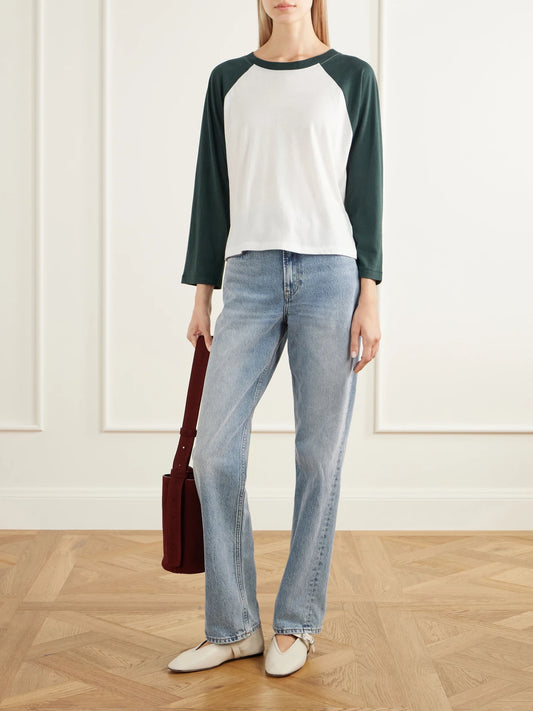 Image of a model wearing Tops. Product name - Baseball Cotton-jersey T-shirt in White colour by brand - ÉTERNE