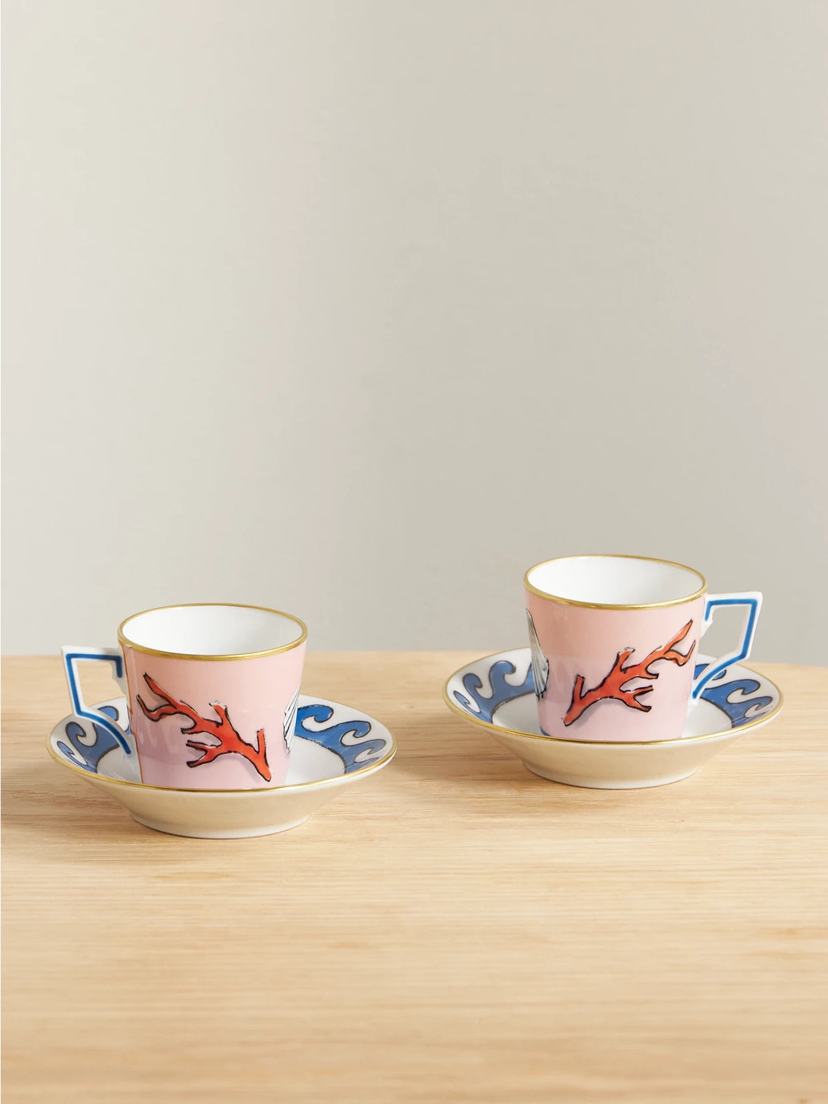 + Luke Edward Hall Il Viaggio Di Nettuno Set Of Two Gold-plated Porcelain Coffee Cups And Saucers