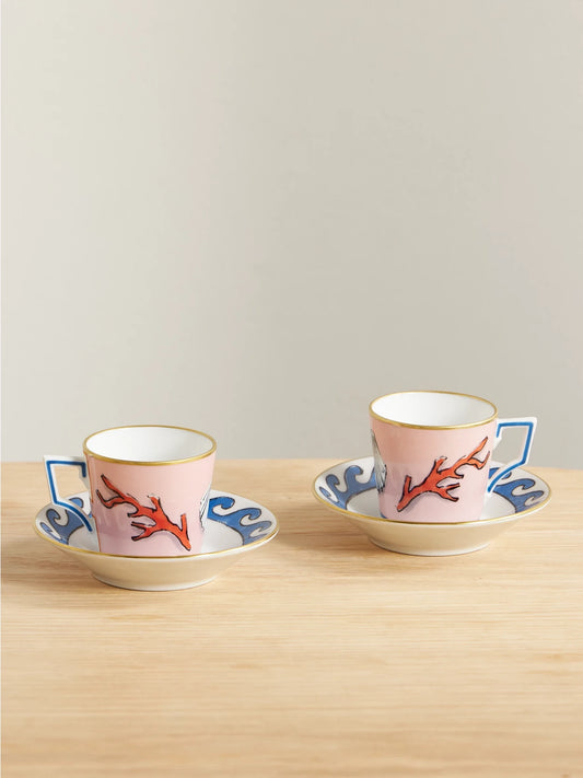 + Luke Edward Hall Il Viaggio Di Nettuno Set Of Two Gold-plated Porcelain Coffee Cups And Saucers