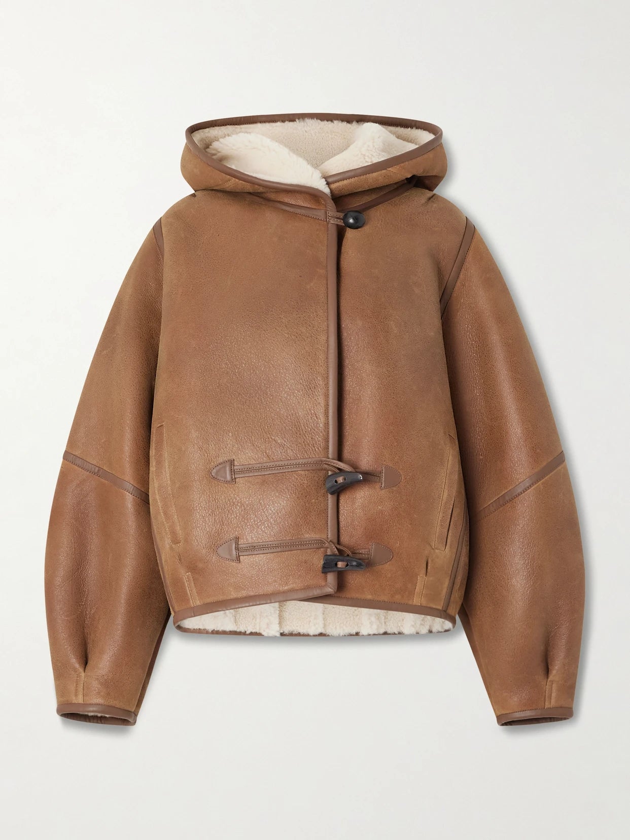 Image of Coats & Jackets. Product name - Amiel Leather-trimmed Shearling Hooded Jacket in Tan colour by brand - ISABEL MARANT