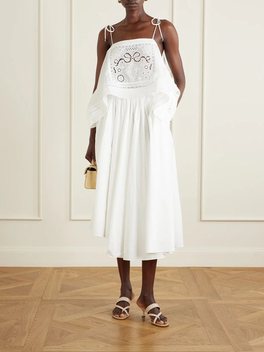Image of a model wearing Skirts. Product name - Asymmetric Gathered Cotton-poplin Midi Skirt in White colour by brand - Self-Portrait