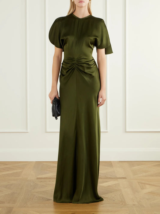 Image of Dresses. Product name - Isabella Gathered Crepe-satin Gown in Army green colour by brand - Victoria Beckham