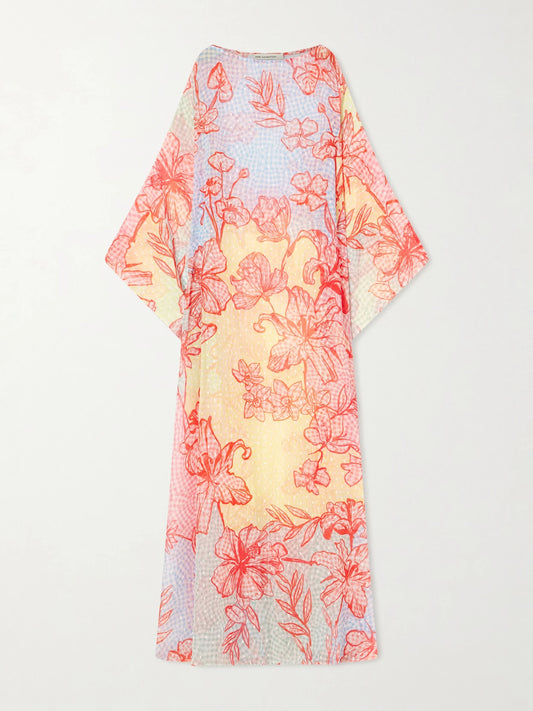 Image of Dresses. Product name - Printed Fil Coupé Organza Kaftan in Multi colour by brand - Mary Katrantzou