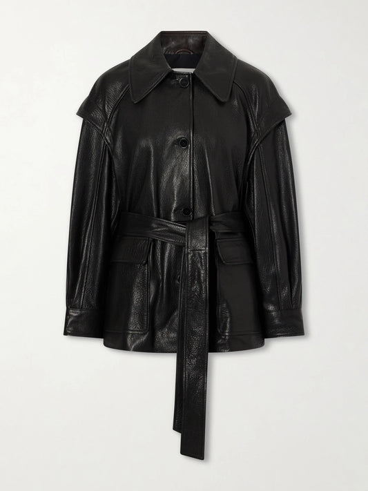 Image of Coats & Jackets. Product name - Perrin Belted Full-grain Jacket in Black colour by brand - Nour Hammour