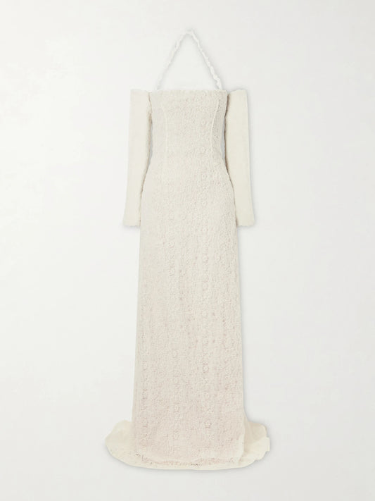 Image of Dresses. Product name - Evie Embroidered Tulle And Organza Gown in Off-white colour by brand - Danielle Frankel