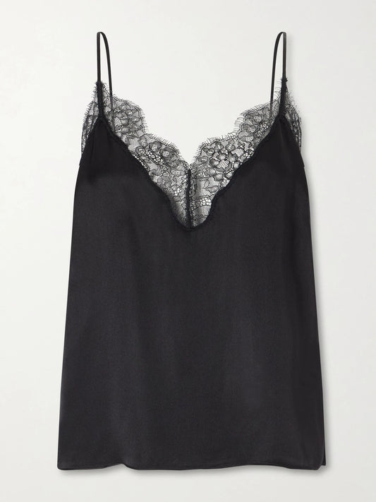 Image of a model wearing Tops. Product name - Mael Lace-trimmed Silk-blend Satin Top in Black colour by brand - Anine Bing