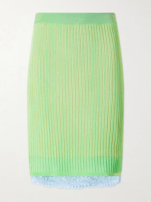 Lace-trimmed Ribbed-knit Midi Skirt
