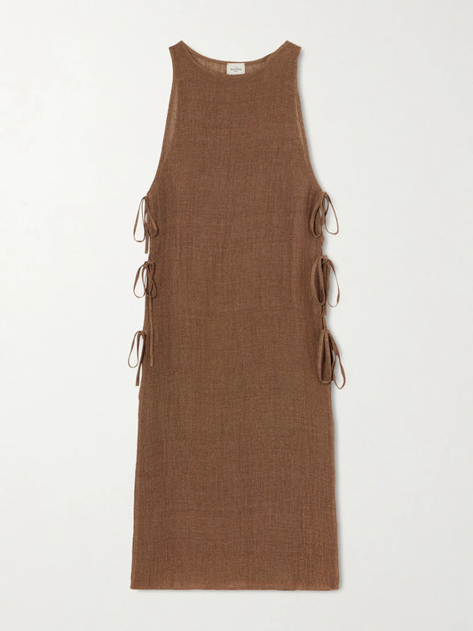 Image of Dresses. Product name - Jarajug Linen Midi Dress in Brown colour by brand - Le Kasha