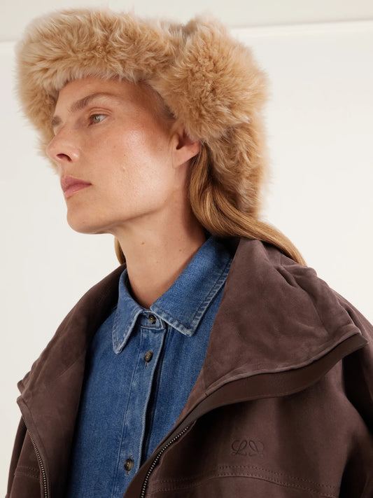 Image of Hats. Product name - Loop Shearling Trapper Hat in Beige colour by brand - LOEWE