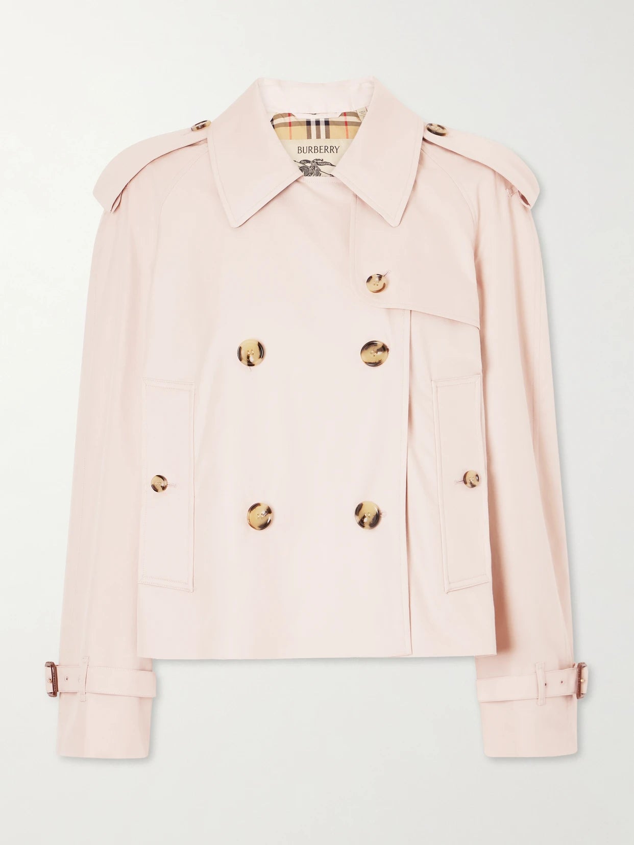Image of Coats & Jackets. Product name - Haltye Double-breasted Belted Cotton-gabardine Cropped Trench Jacket in Baby pink colour by brand - Burberry