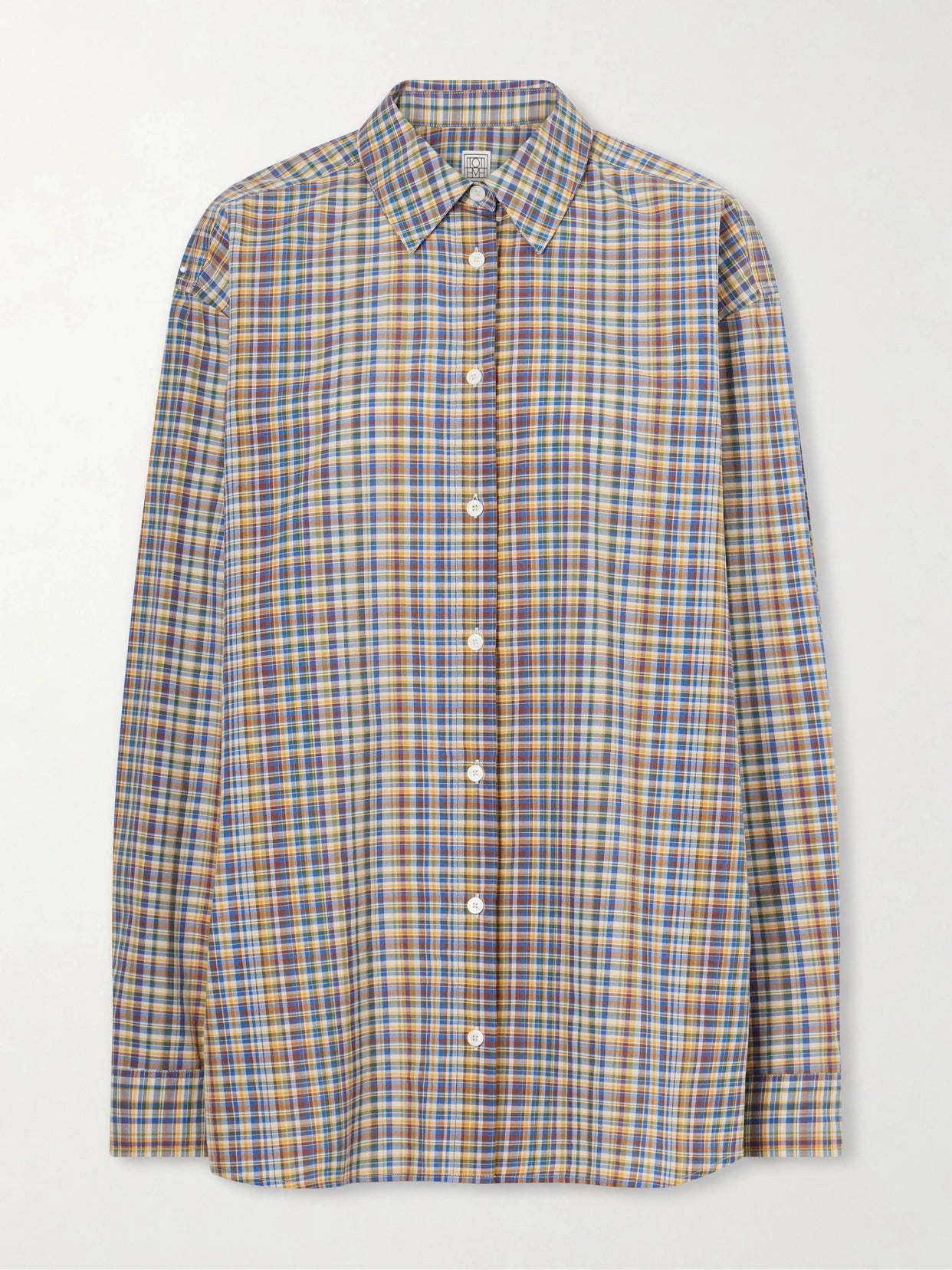Image of a model wearing Tops. Product name - Checked Cotton Shirt in Blue colour by brand - TOTEME