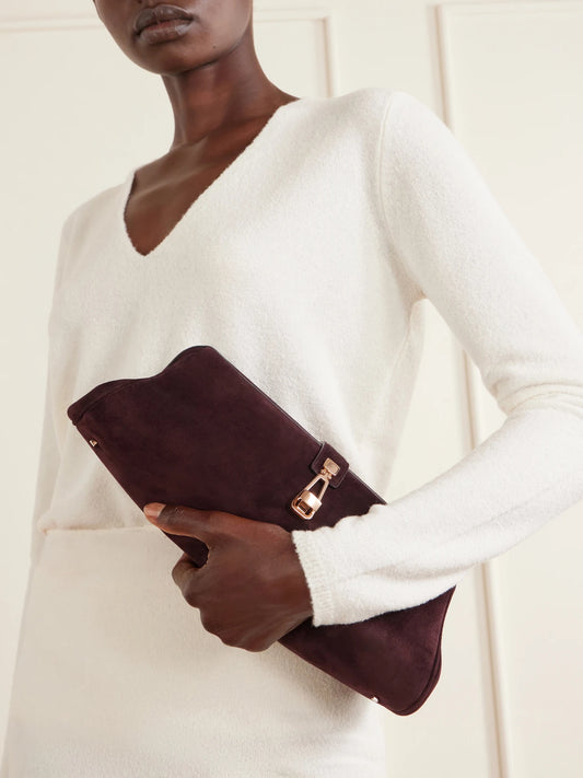 Image of Bags. Product name - Paola Embellished Suede Clutch in Burgundy colour by brand - Gabriela Hearst