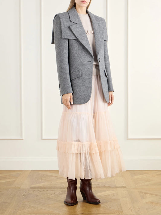 Image of Coats & Jackets. Product name - Cape-detailed Wool-blend Chiné Blazer in Gray colour by brand - Chloé