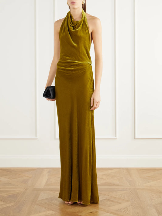 Image of Dresses. Product name - Reannon Draped Velvet Halterneck Gown in Gold colour by brand - SIMKHAI