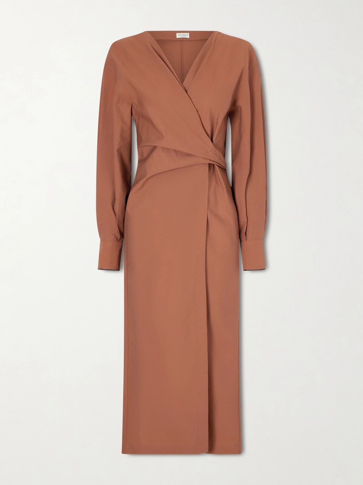 Image of Dresses. Product name - Embellished Cotton-blend Midi Wrap Dress in Red colour by brand - Brunello Cucinelli