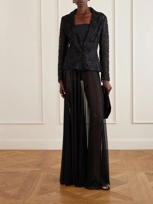 Image of Coats & Jackets. Product name - Embroidered Mesh Evening Jacket in Black colour by brand - Norma Kamali