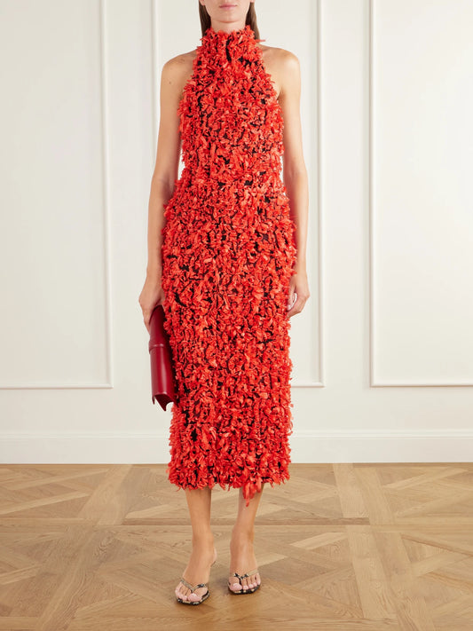 Image of Dresses. Product name - Grettel Open-back Fil-coupé Halterneck Midi Dress in Red colour by brand - TOVE