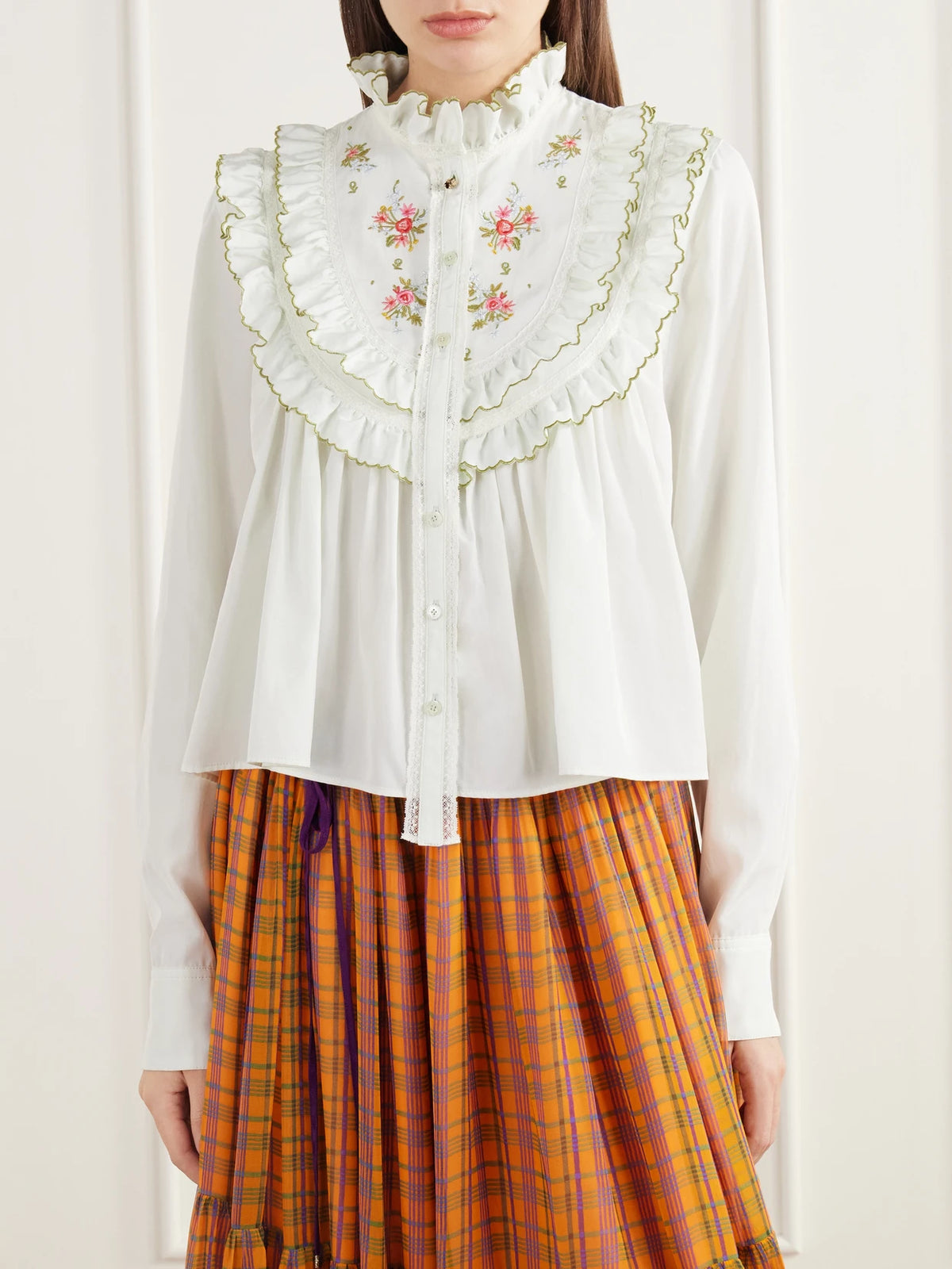 Chloé Ruffled Embroidered Lace-trimmed Silk-blend Poplin Blouse