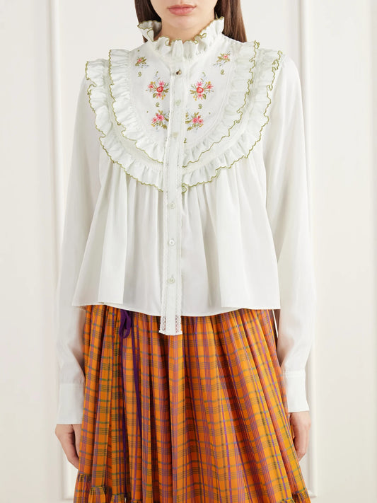 Chloé Ruffled Embroidered Lace-trimmed Silk-blend Poplin Blouse
