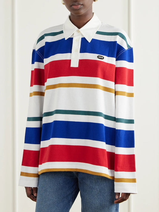AMI PARIS Logo-appliquéd Striped Cotton-jersey Polo Shirt