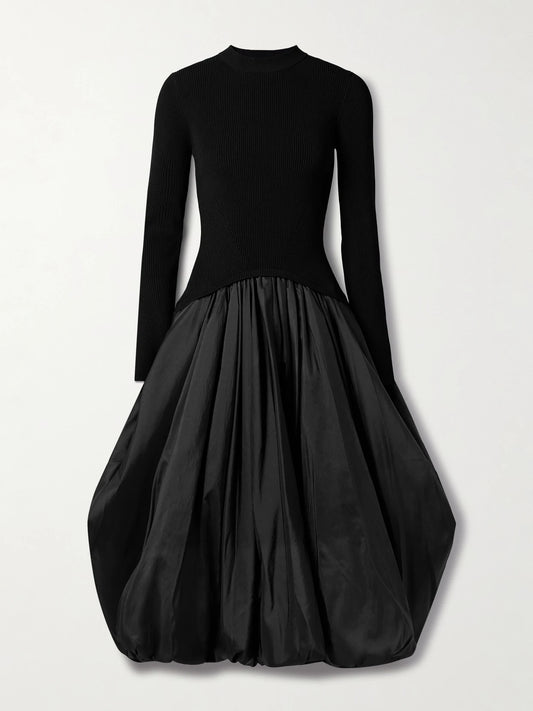 Image of Dresses. Product name - Kenlie Ribbed-knit And Taffeta Midi Dress in Black colour by brand - SIMKHAI