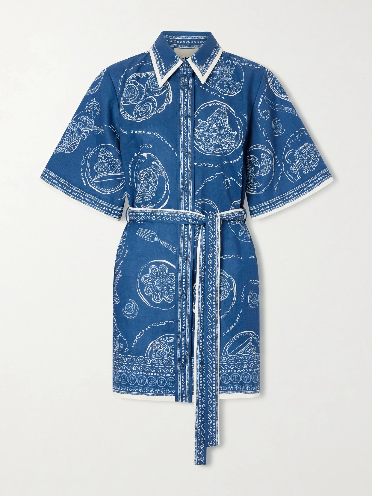 Image of Dresses. Product name - Lucky Belted Printed Linen Mini Dress in Blue colour by brand - ALÉMAIS