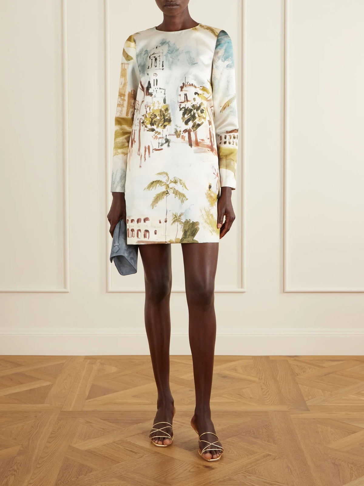 Image of Dresses. Product name - Printed Satin Mini Dress in Light blue colour by brand - Oscar de la Renta