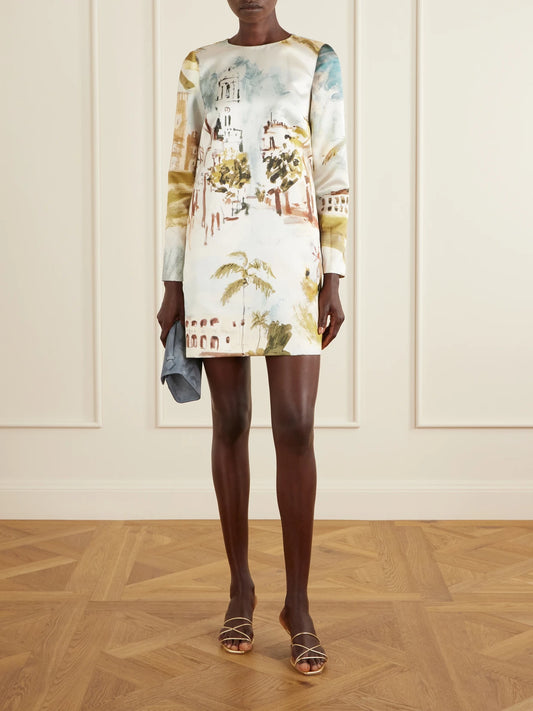 Image of Dresses. Product name - Printed Satin Mini Dress in Light blue colour by brand - Oscar de la Renta