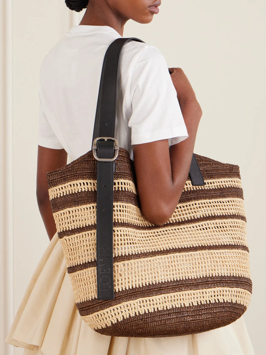 + Paula's Ibiza Loop Basket Leather-trimmed Raffia Tote