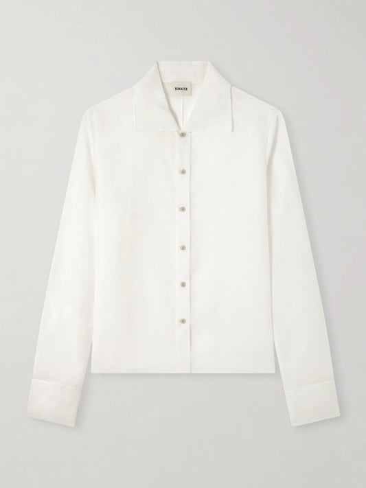 Image of a model wearing Tops. Product name - Jaylin Cotton And Silk-blend Shirt in Off-white colour by brand - KHAITE