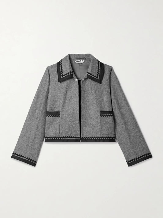 Image of Coats & Jackets. Product name - Dovecote Cropped Cotton Twill-trimmed Wool-twill Jacket in Gray colour by brand - BODE