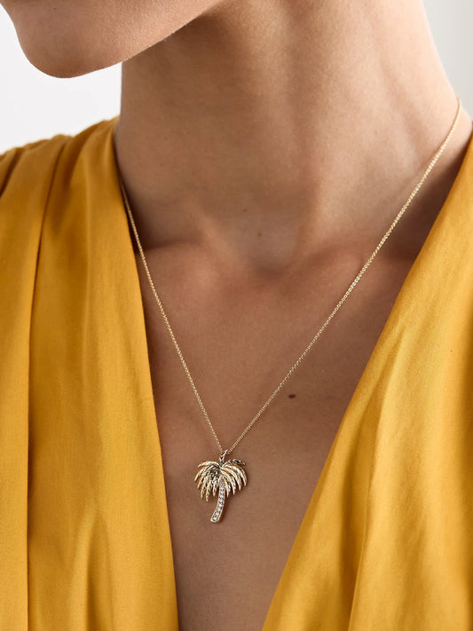 Image of Necklaces. Product name - Palm Tree 14-karat Gold Diamond Necklace in Multi colour by brand - Sydney Evan