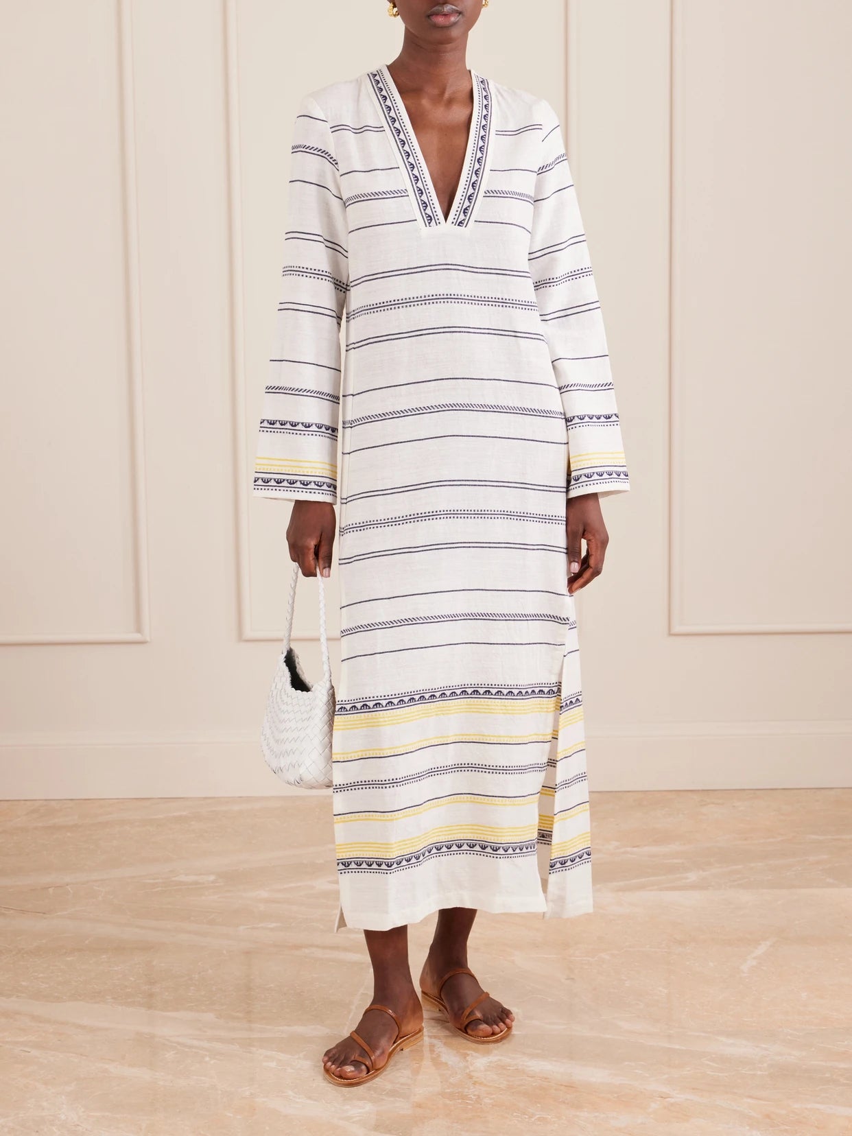 Image of Dresses. Product name - Theodora Striped Linen Maxi Dress in White colour by brand - lemlem