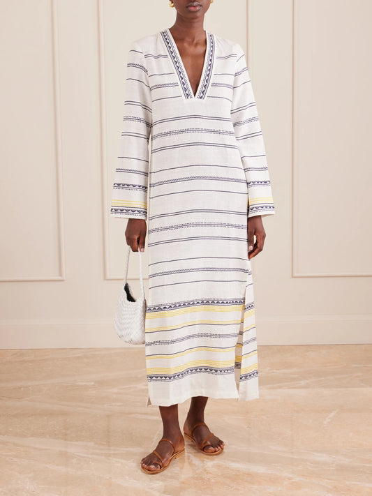 Image of Dresses. Product name - Theodora Striped Linen Maxi Dress in White colour by brand - lemlem