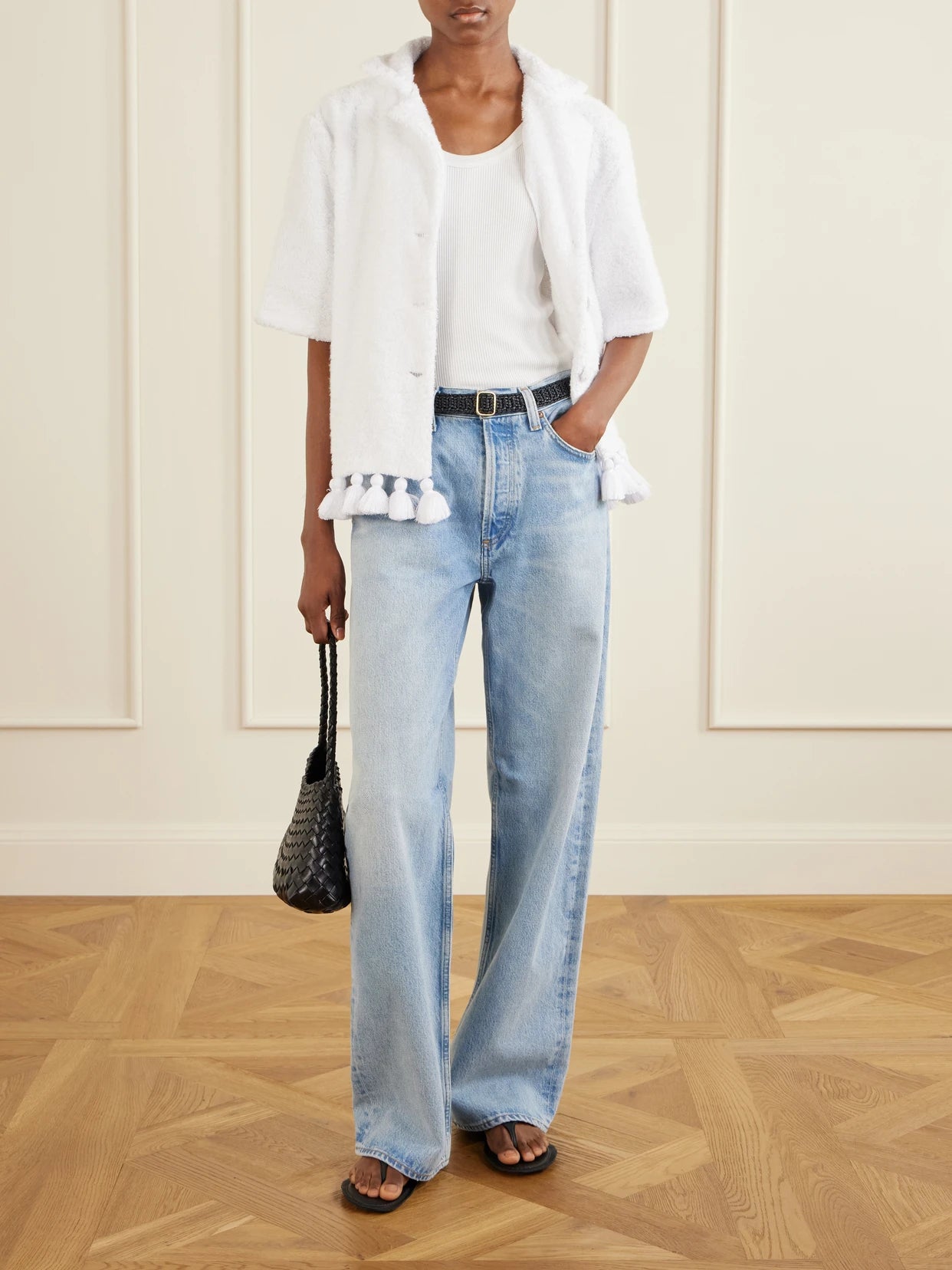 Image of a model wearing Tops. Product name - Antonia Cotton-terry Shirt in White colour by brand - Cap d'Antibes