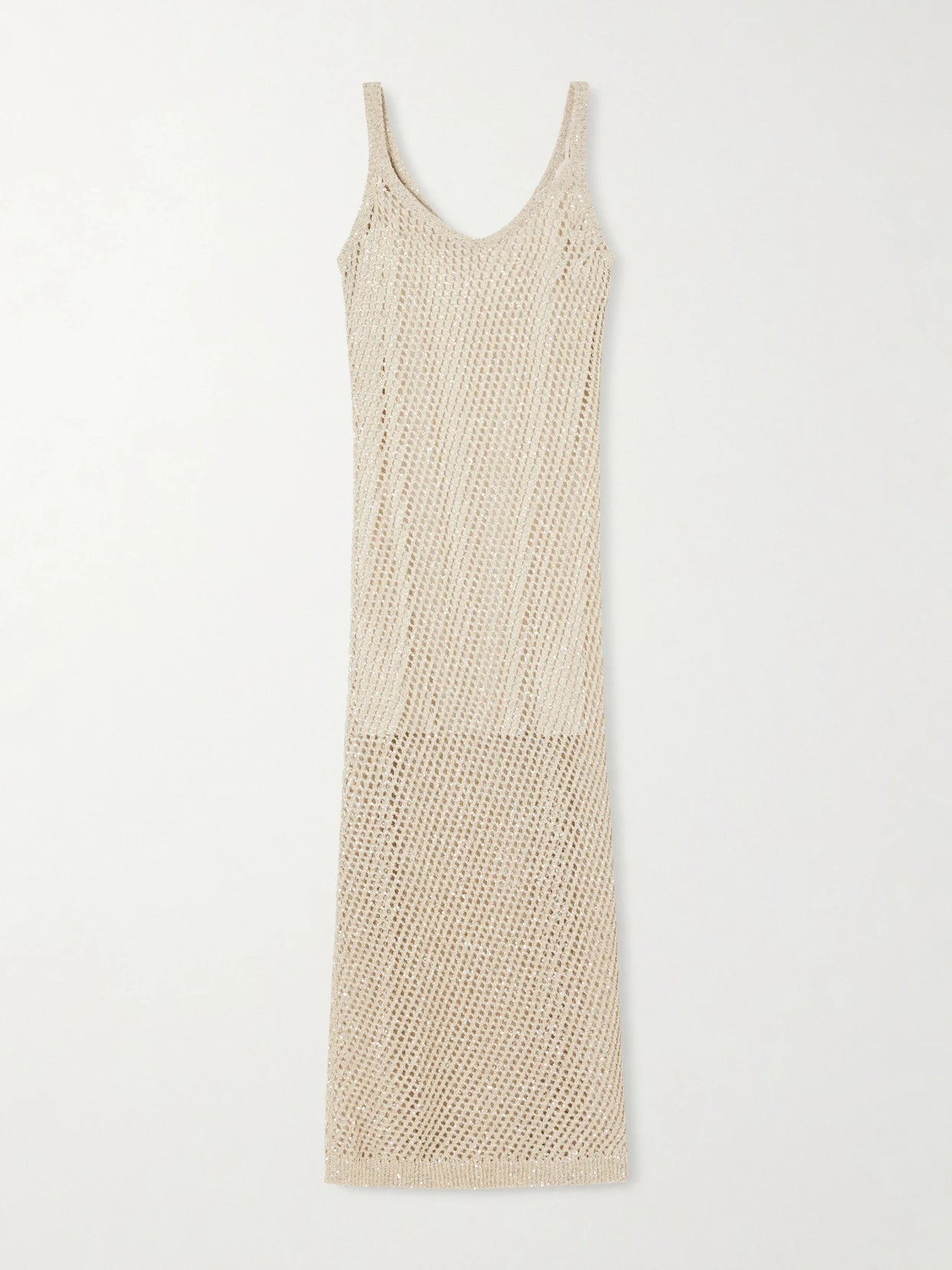 Image of Dresses. Product name - Sequined Crocheted Maxi Dress in Beige colour by brand - Brunello Cucinelli