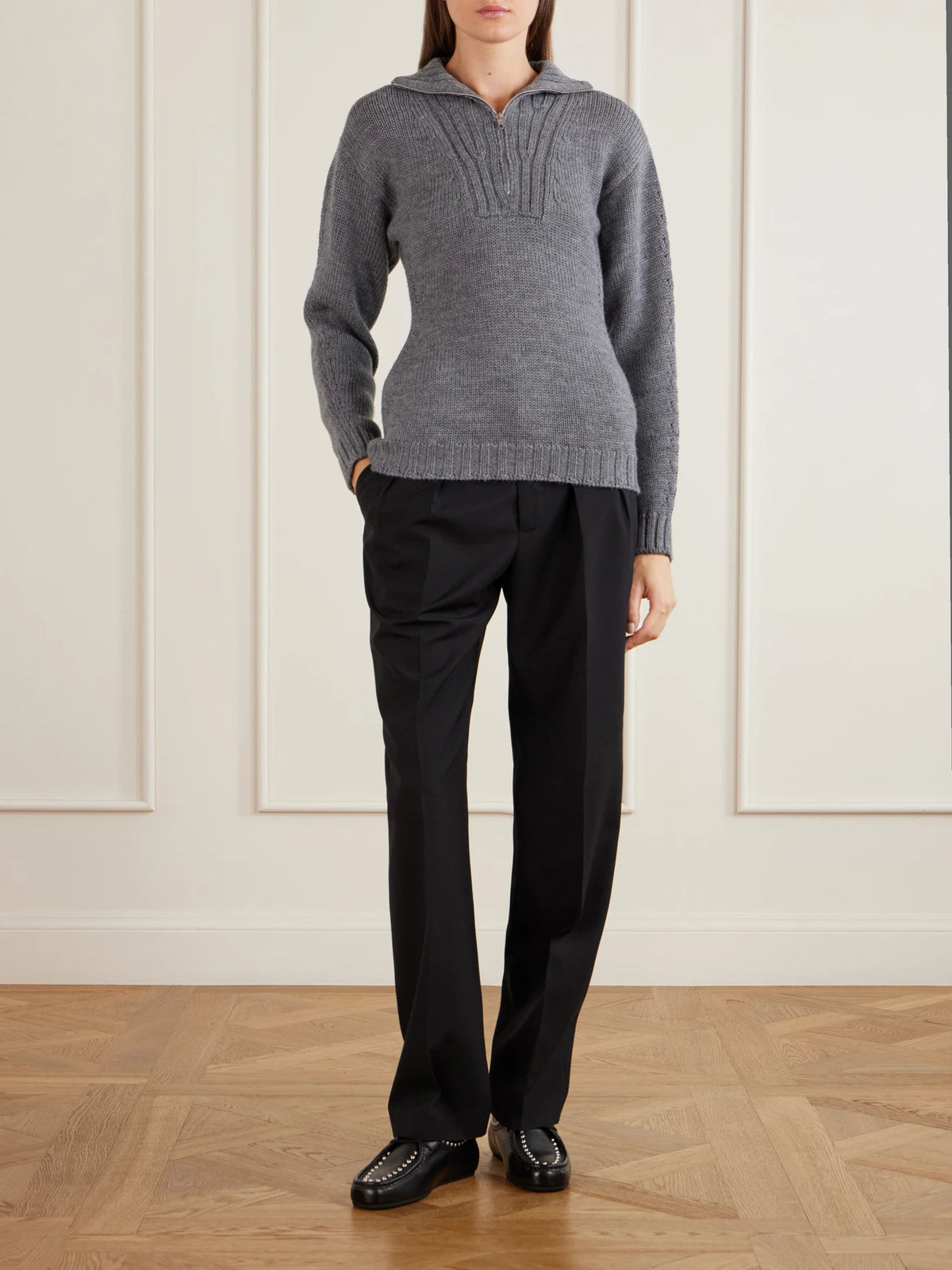 Image of Flats. Product name - Hood Studded Leather Loafers in Black colour by brand - Jil Sander