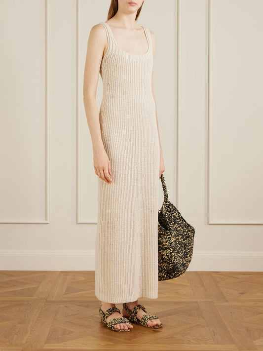 Image of Dresses. Product name - Lex Crocheted Silk And Cotton-blend Midi Dress in Ivory colour by brand - KHAITE