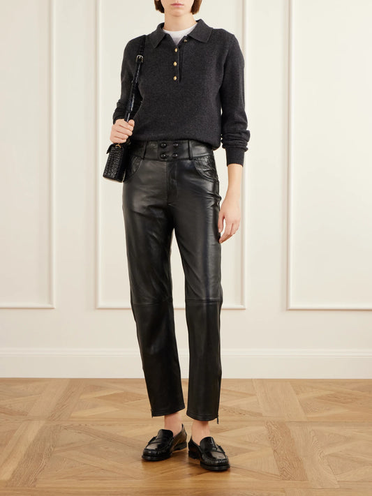 Image of a model wearing Pants. Product name - Darryl Leather Straight-leg Pants in Black colour by brand - BLAZÉ Milano