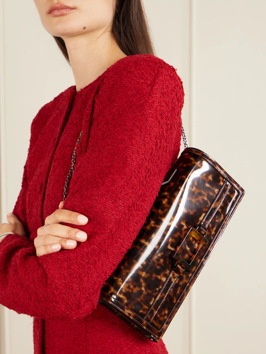 Image of Bags. Product name - Belle Vivier Tortioseshell Coated-woven Clutch in Tortoiseshell colour by brand - Roger Vivier