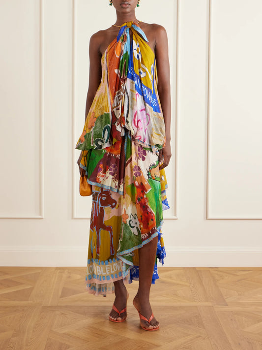 Image of Dresses. Product name - Mlak Draped Printed Organza Halterneck Midi Dress in Multi colour by brand - ALÉMAIS
