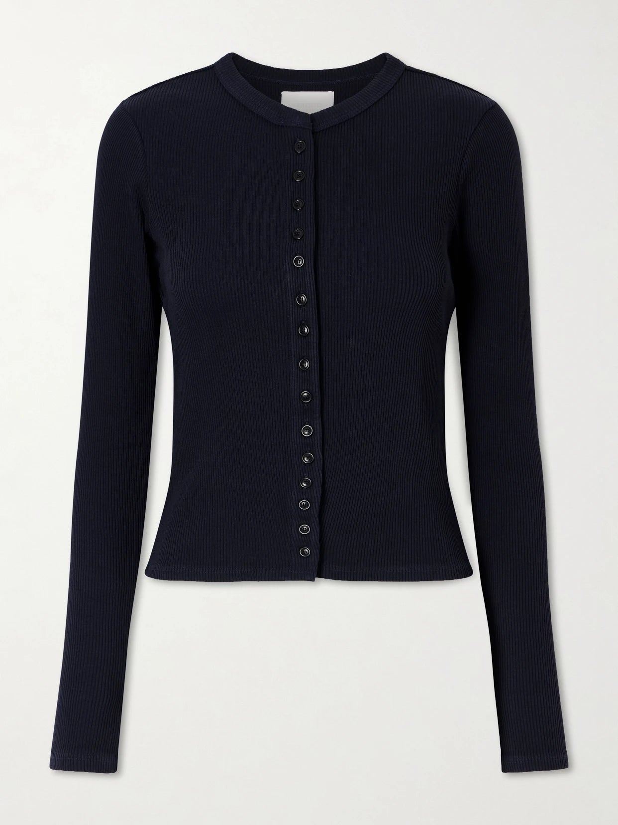 Image of a model wearing Tops. Product name - Kari Ribbed Stretch-jersey Cardigan in Navy colour by brand - Citizens of Humanity
