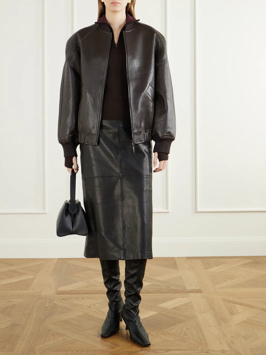 Image of Coats & Jackets. Product name - Alena Coated Bomber Jacket in Brown colour by brand - The Frankie Shop