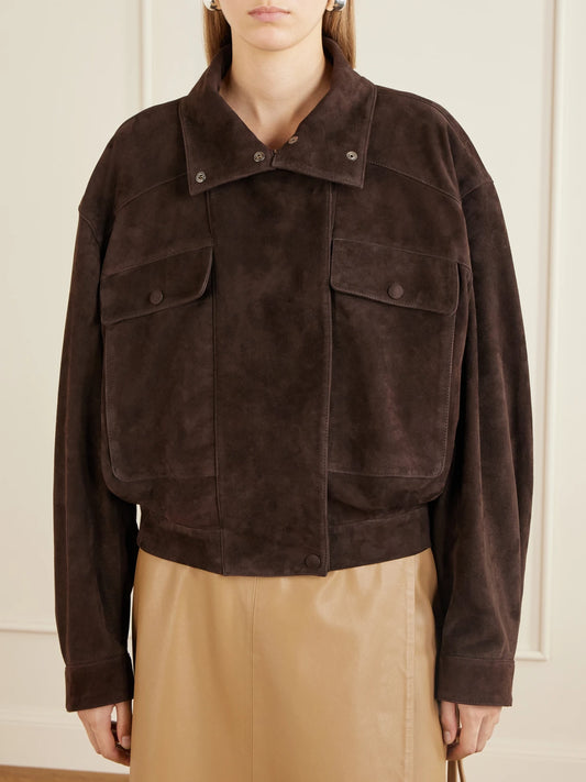 Nour Hammour Quincy Cropped Paneled Suede Bomber Jacket